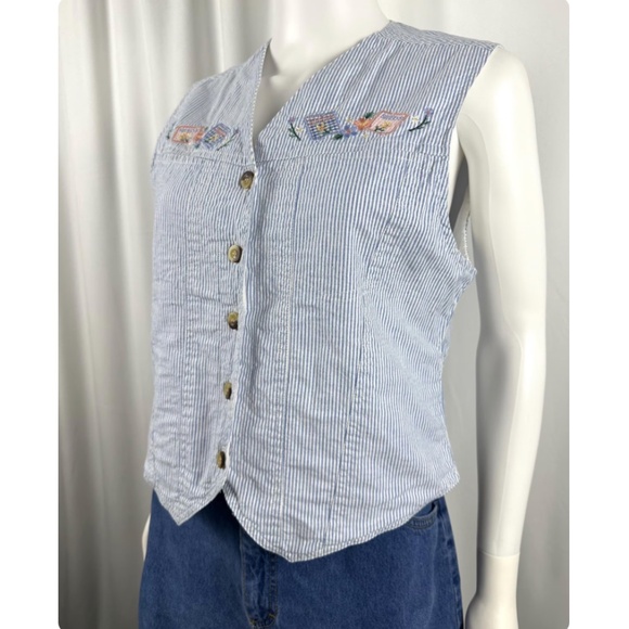 Vintage 90's ‘Solutions!’ Blue Striped Garden Seeds Patchwork Vest - S/M - Picture 5 of 6